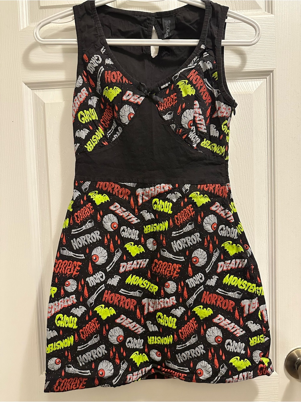 Sourpuss Black Dress with Neon Green & Red Horror Print